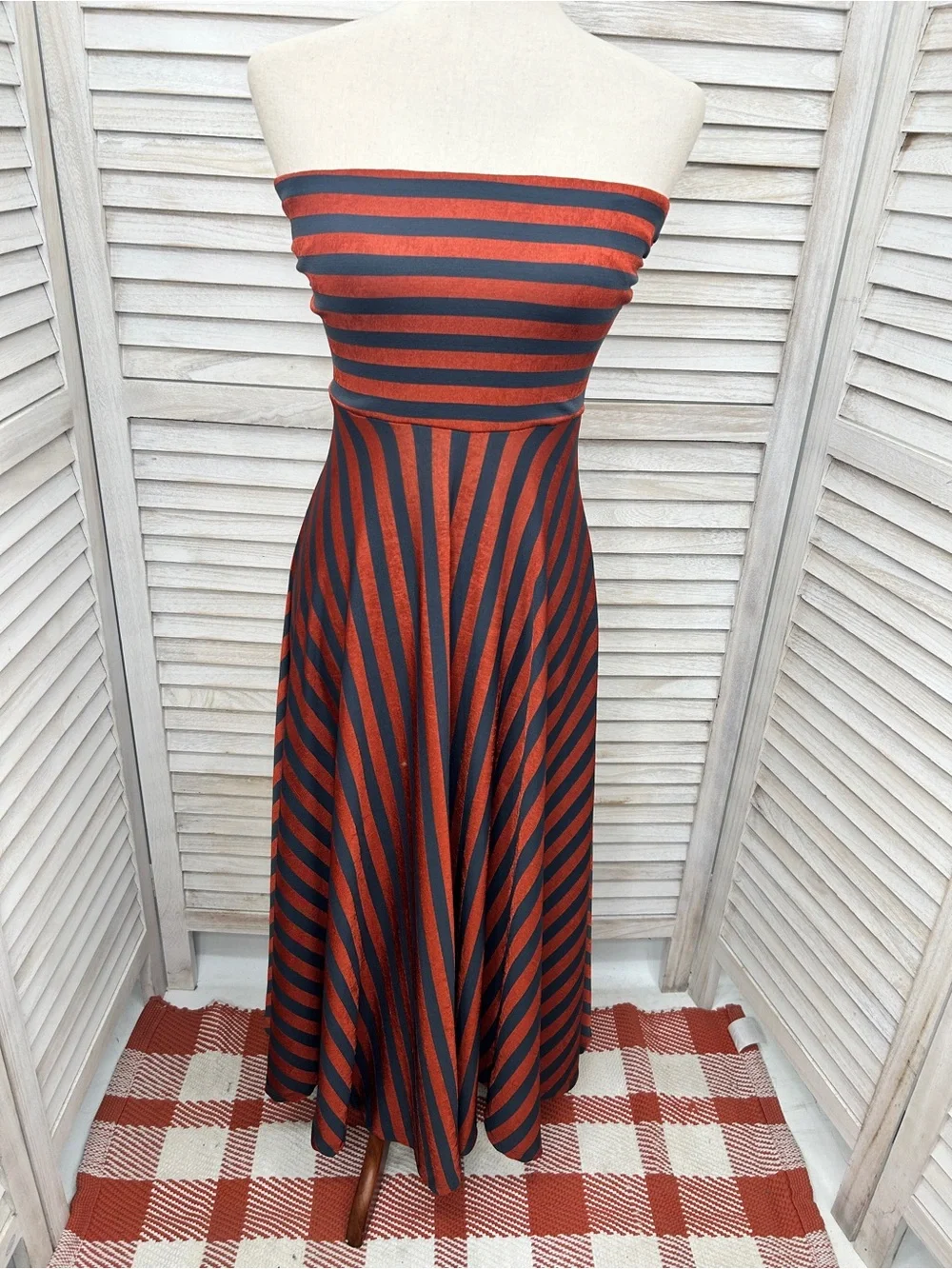 Strapless A-Line Midi Dress in Rust and Navy Stripes